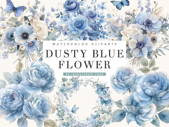 Download Dusty Blue Flower Clipart Bundle - Flow Collection