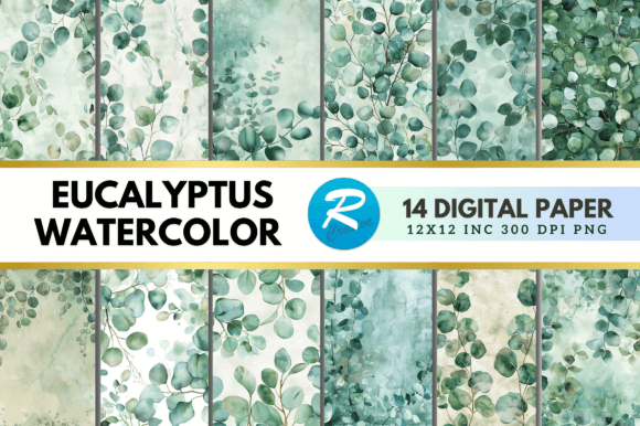 Download Eucalyptus Watercolor Digital Paper Pack - Watercolor digital paper Collection