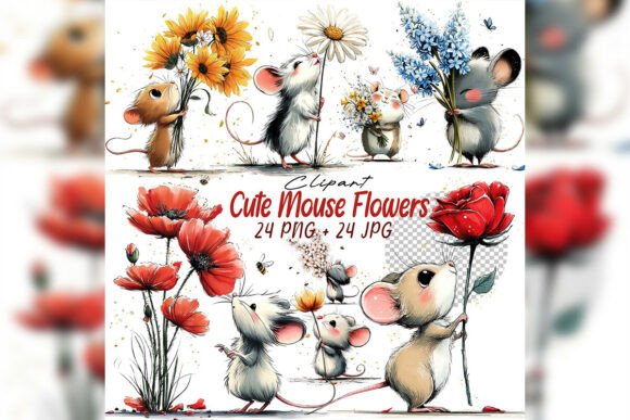 Download Whimsical Mouse &amp; Flower Clipart Set - Flow Collection