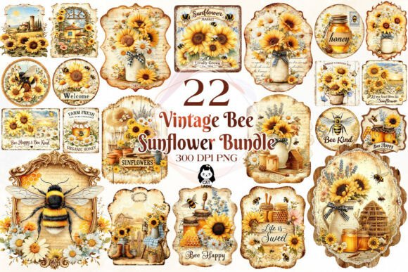Download Vintage Bee Honey Sunflower Label Bundle - Flow Collection