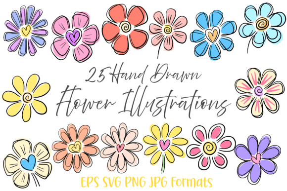 Download 25 Heart Doodle Hand Drawn Flowers Flora - Flow Collection